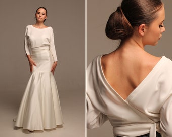 Open back fishtail 2 pieces wedding dress Maxi satin skirt and tie back long sleeve top set Bridal skirt suit for women Personalized