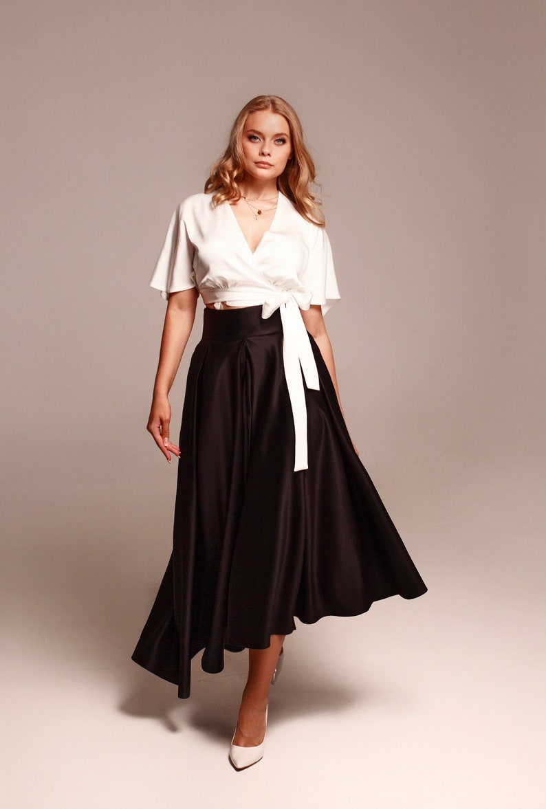 Black satin midi skirt for women, High waist skirts with pockets, Handmade wide pleated skirts image 1