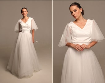 Vestido de novia de tul blanco lechoso de 2 piezas Princesa v traje de boda para mujer Falda de tul de lunares con top de manga ancha