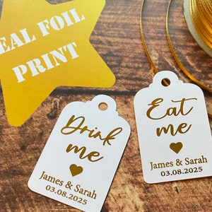 10X Papel de aluminio real personalizado Drink Me Eat Me Wedding Favor Tags Tag Token Gracias Oro Plata Rosa Oro Cobre Rojo Azul Verde FDE1a