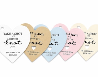 Etiquetas personalizadas con forma de corazón "Nos casamos" para recuerdos de boda "Toma un trago" Gracias 3H1