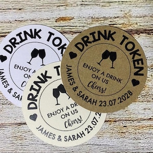 Ficha de bebida redonda personalizada Saludos Etiqueta Alcohol Gracias Etiquetas de favor de boda Boda Nos casamos Gin día especial Despedida de soltera RD71d