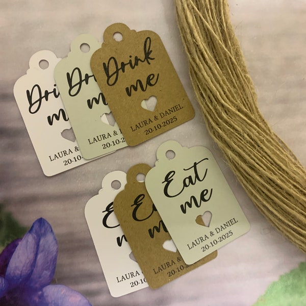 Personalised Drink Me Eat Me Wedding Favour Tags Thank You Christmas special day Tag Birthday Hen Baby Shower Christening Baptism DE91m