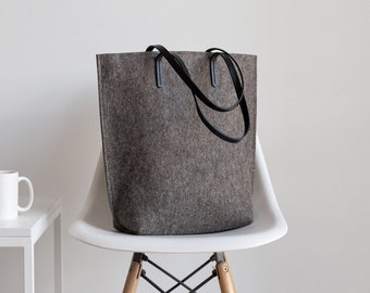 Merino Wool Felt Tote Bag with Leather Handles, Felt Bag, Purse, Gift for Her, Leather Tote