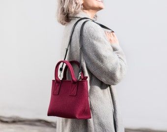 Bordeaux Burgundy women's shoulder wool felt medium-sized bag.