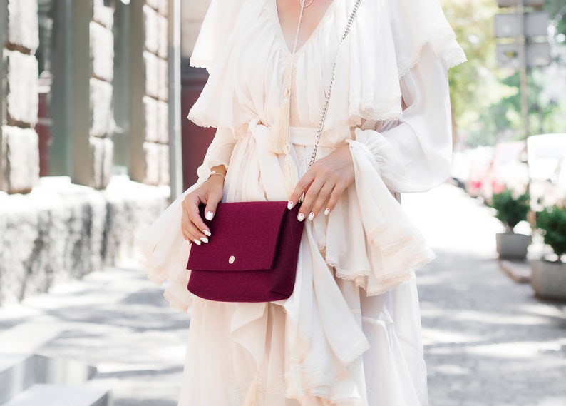 Marsala 100% merino wool felt cross-body purse bag with chain for women handcrafted burgundy image 3