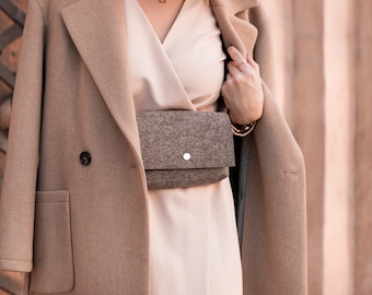 Brown Merino Wool Felt Belt Bag Woolberry Purse on a belt made of genuine leather.