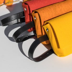 Yellow Merino Wool Felt Belt Bag Woolberry Purse on a belt made of genuine leather. image 6