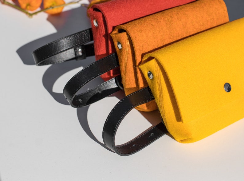 Yellow Merino Wool Felt Belt Bag Woolberry Purse on a belt made of genuine leather. image 6