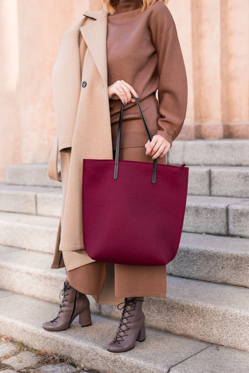 Tote Bag, Felt Bag, Women's Purse, Large Shopper, Merino Wool Felt, Shoulder Bag, Laptop Bag, Woolberry Bag, Marsala Burgundy Red. image 9