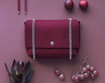 Marsala 100% merino wool felt cross-body purse bag with chain for women handcrafted burgundy