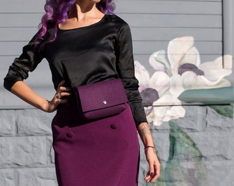 Purple Wool Felt Waist Bag with Leather Belt, Bum bag, Felt purse