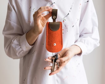 Burnt Orange  Felt Key Case, 100% Merino Wool Key Case, Wool Key Case Active