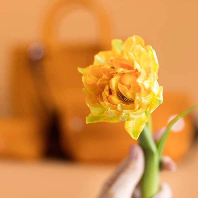 Puede incluir: Un solo tulip&aacute;n amarillo con p&eacute;talos rizados, la flor se sostiene en una mano sobre un fondo naranja borroso.