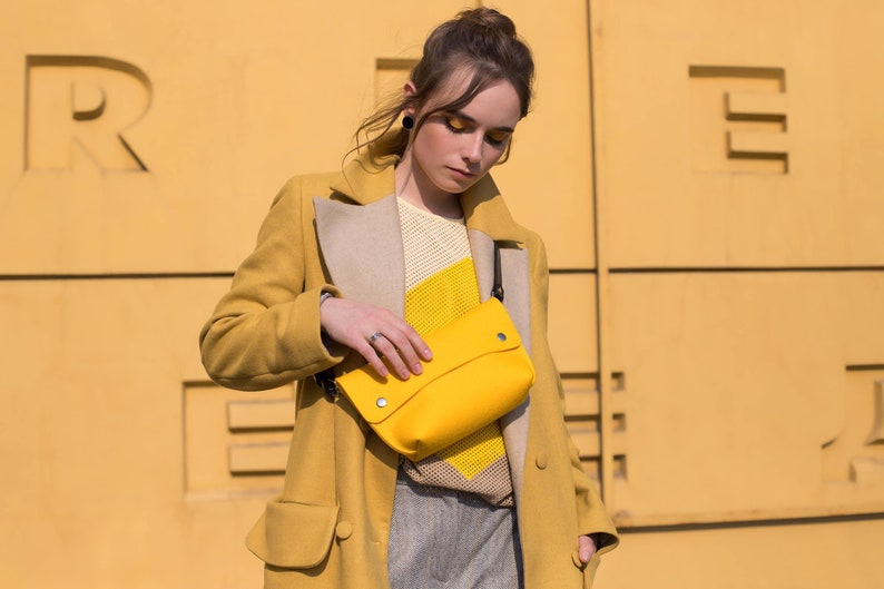 Yellow Fanny Pack Merino Wool Felt Woolberry Purse with a leather Strap. image 1