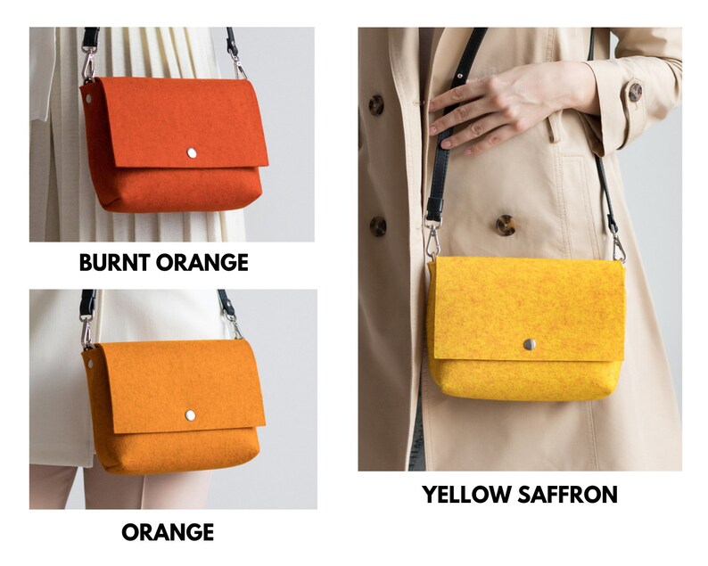 Puede incluir: Tres bolsos bandolera de fieltro en diferentes colores: naranja quemado, naranja y azafr&aacute;n amarillo. Cada bolso tiene un cierre de solapa con un bot&oacute;n plateado.