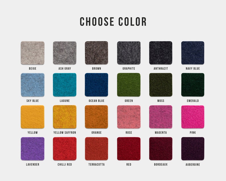 May include: Color chart with 24 fabric swatches in various colors, including beige, ash gray, brown, graphite, anthrazit, navy blue, sky blue, lagune, ocean blue, green, moss, emerald, yellow, yellow saffron, orange, rose, magenta, pink, lavender, chilli red, terracotta, red, bordeaux, and aubergine.