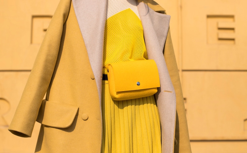 Yellow Merino Wool Felt Belt Bag Woolberry Purse on a belt made of genuine leather. image 1