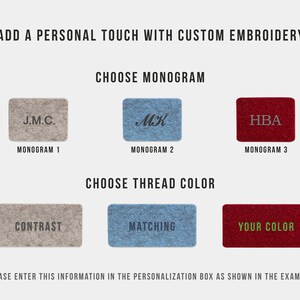 May include: A graphic showing three different monogram options for embroidery: J.M.C., MK, and HBA. Below, three thread color options are shown: contrast, matching, and your color.