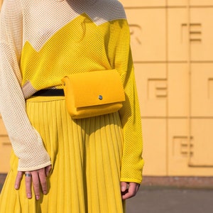 Yellow Merino Wool Felt Belt Bag Woolberry Purse on a belt made of genuine leather. image 9