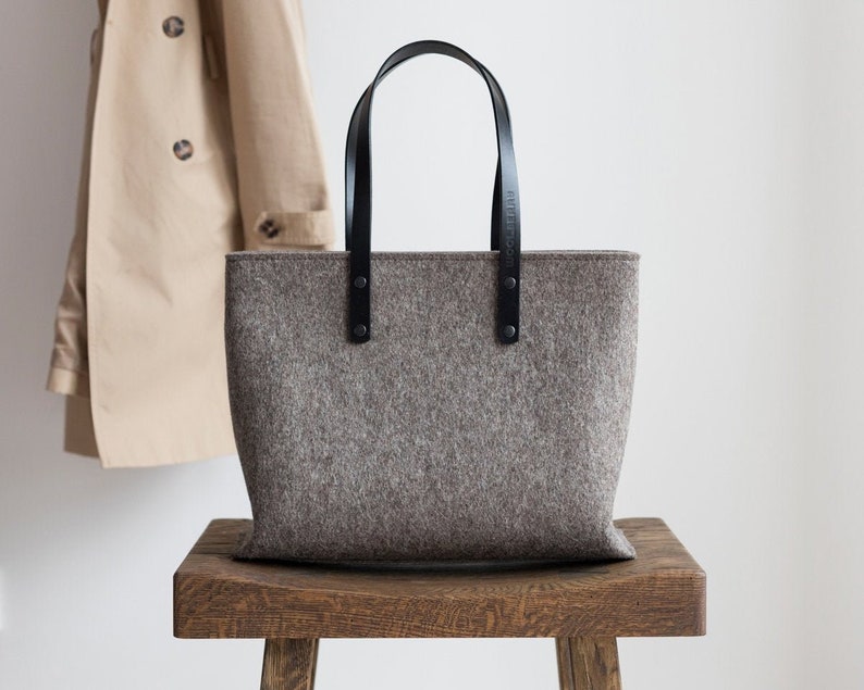 Merino Wool Felt Tote Bag with Leather Handles, Felt Handbag, Felt bag, Shoulder bag, Gift for Her, Leather Tote, Leather handbag image 1