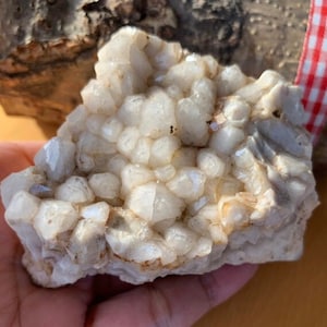 Pode incluir: Um aglomerado de cristais de quartzo branco em uma rocha cinza áspera. Os cristais estão agrupados em uma formação densa, com alguns dos cristais parecendo translúcidos.