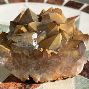Iron coated Quartz cluster smoky quartz Stability Prosperity power Upside down triangles ports past life regression