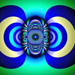 May include: Abstract digital art featuring a blue, green and yellow colour scheme. The design incorporates concentric circles and a central eye-like shape.