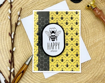 Bee Happy Greeting Card Bundle|Yellow Black Bee Themed|Queen Bee|Friendship + Encouragement|Friend Card