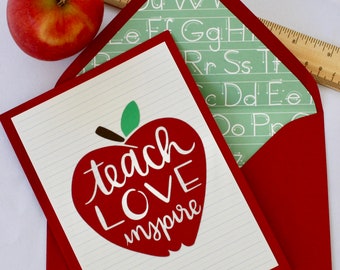 Teacher Appreciation Greeting CardTeach Love InspireBlank Greeting CardBlank Note CardBack To SchoolApple Teacher CardPenmanship
