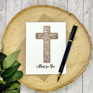 Catholic Mass Card: Wood Cross w/Sprigs Design, Handstamped Mass Detail Inside