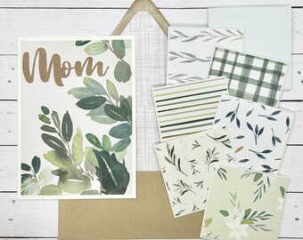 Mother's Day Gift Bundle|Assorted Set of 7|Greeting Card + Mini Blank Note Cards|Sage White Gray Patterns|Gift for Mom