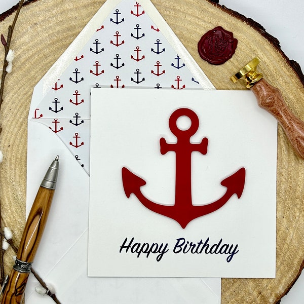 Nautical Happy Birthday Card|Red White & Blue Anchor|Americana|Navy Themed Birthday Card