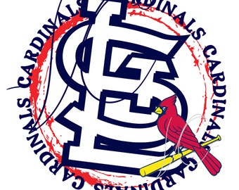 Puede incluir: Un logotipo de béisbol rojo, blanco y azul con un pájaro cardenal rojo sosteniendo un bate de béisbol amarillo. El logotipo está rodeado por un círculo rojo con la palabra "Cardinals" escrita alrededor.
