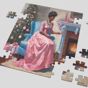 Elegant Black Woman Pink and Blue Christmas Jigsaw puzzle