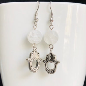 White Crackle Stone and Hamsa Hand Dangle Earrings