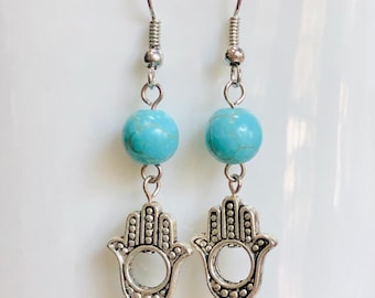Turquoise and Hamsa Hand Dangle Earrings