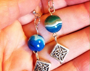 Blue Agate and Silver Filigree Earrings
