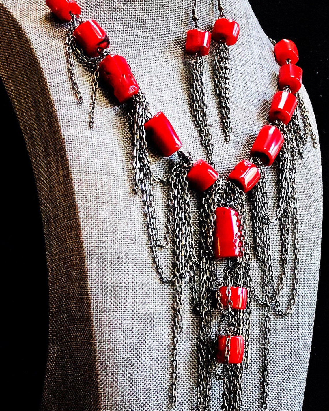Red Coral & Black Chain Necklace Set - Etsy Canada