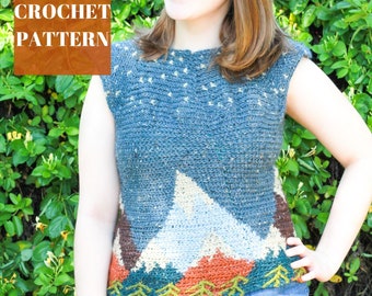 Crochet Mountain Sweater Pattern, Tapestry Crochet Sweater, Tapestry Crochet Pattern, Crochet Top Pattern, Intarsia Crochet Pattern