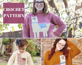 Crochet Llama Sweater, Crochet Sweater for Women, Crochet Sweater for Girls, Crochet Sweater Kids, Crochet Llama, Intarsia Crochet