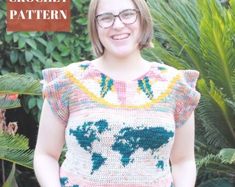 Adventure Tee, Crochet Top Pattern, Crochet Cloths, Crochet Garment Pattern, Crochet Summer Top, Tapestry Crochet Top, World Map Art