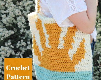 May include: A crochet tote bag with a yellow, white and blue striped design. The bag has a long strap and is made with a textured stitch. The text "Crochet Pattern" is visible in the image.