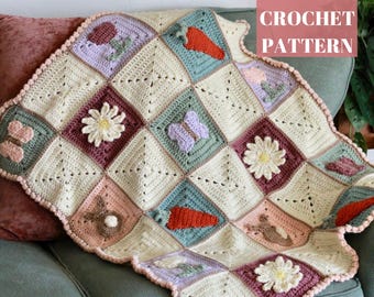 Hop Into Spring Crochet Blanket Pattern | Granny Square Blanket | Crochet Applique Blanket | Crochet Baby Blanket | Crochet Easter Blanket