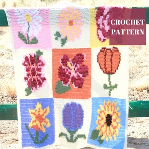 Flower Crochet Blanket, Tapestry Crochet, Tapestry Crochet Blanket, Crochet Flower Throw, Crochet Blanket Pattern, Easy Crochet Pattern image 1