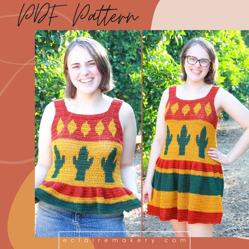 Crochet Cactus Top and Dress Pattern, Crochet Cactus Pattern, Crochet Peplum,Tapestry Crochet Top,Crochet Dress Pattern, Crochet Top Pattern image 1