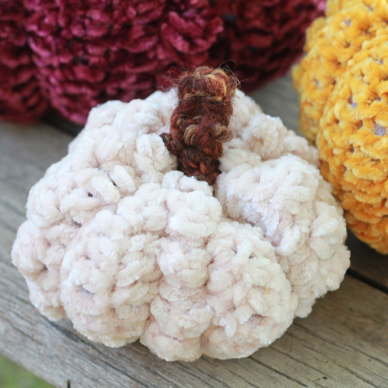 May include: A white crocheted pumpkin with a brown stem. The pumpkin is made of yarn and has a fuzzy texture.