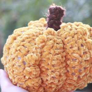 May include: A crocheted pumpkin with a brown stem. The pumpkin is made of a soft, fuzzy yarn in a warm orange color.