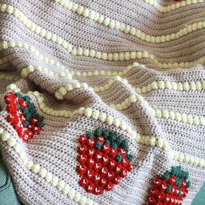 K&ouml;nnte beinhalten: Eine rosa geh&auml;kelte Decke mit wei&szlig;em Rand und Erdbeer-Designs. Die Erdbeeren sind aus rotem, wei&szlig;em und gr&uuml;nem Garn gefertigt.