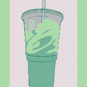 May include: Digital cross-stitch pattern of a green beverage in a clear plastic cup with a lid and straw. The cup has a logo on it. The background is a light pink colour with a green border. The text "Digital Cross-Stitch Pattern" is at the top.